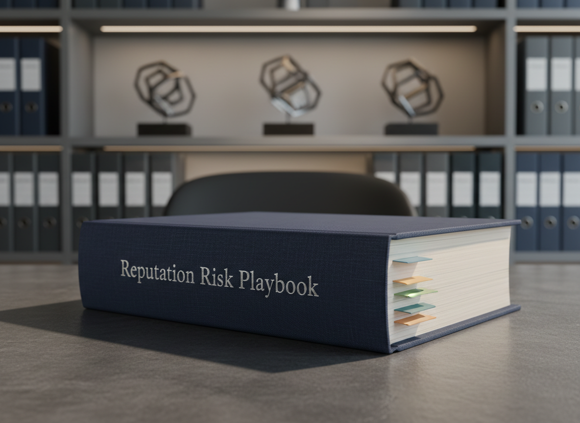 A tightly framed side view of a thick, high-quality briefing book resting on a smooth, slate-colored desk in a quiet, modern office. The spine of the book is embossed with the discreet title “Reputation Risk Playbook” in understated silver foil, and subtle color-coded tabs peek from the pages, suggesting structured, evidence-based content. Behind it, slightly out of focus, a wall of minimalist shelves holds a neat row of similar binders and a few carefully placed industrial models in matte metal finishes. Soft, warm task lighting from an overhead fixture creates a gentle gradient across the cover and a precise shadow along the desk edge. The photographic realism and restrained, professional mood convey preparedness, rigor, and calm control in high-stakes communication scenarios.