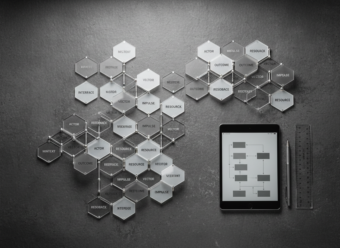 A close-up overhead view of a large, textured charcoal-grey table where an intricate narrative architecture framework is laid out. Interlocking acrylic tiles labeled with neutral, abstract terms are arranged into a deliberate structure, with thin metallic connectors forming a logical network between them. A graphite mechanical pencil, a slim tablet showing a muted tone-on-tone flow diagram, and a single transparent ruler rest nearby. Soft, indirect studio lighting from above creates gentle shadows that emphasize the dimensionality of the tiles and connectors. The composition uses a rule-of-thirds layout with sharp focus across the frame, achieving photographic realism and a calm, methodical mood that suggests disciplined construction of strategic narratives for complex energy and industrial contexts.