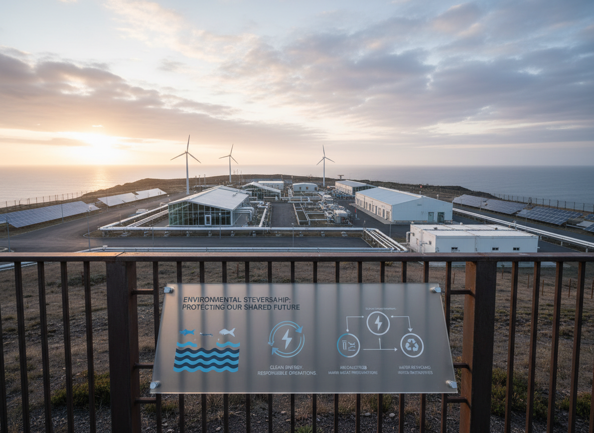A panoramic, eye-level view of a modern energy facility situated on the edge of a coastal landscape at early morning, with low, diffused light breaking through high clouds. The facility’s clean lines, well-maintained infrastructure, and organized layout convey order and responsibility. In the foreground, a sturdy steel fence incorporates an unobtrusive, transparent information panel that displays a clear, simplified explanation of environmental safeguards in muted blue and grey graphics. The lighting casts soft, elongated shadows that add depth without drama. Shot with a wide-angle lens, maintaining sharp focus from foreground to horizon, the photographic realism and balanced composition evoke transparency, accountability, and a hard-won social license to operate in a sensitive environment.